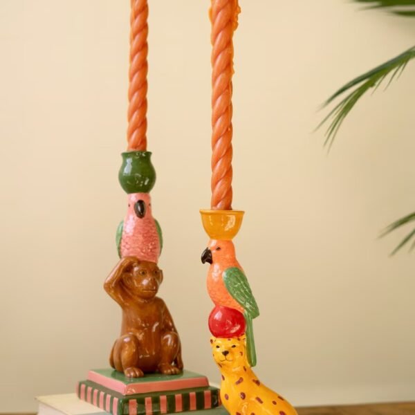 Set of 2 Ceramic Cheetah and Monkey Taper Candle Holders